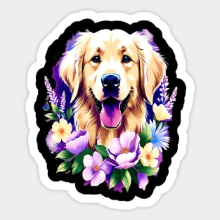 Cute Golden Retriever Surrounded by Beautiful Flowers Sticker